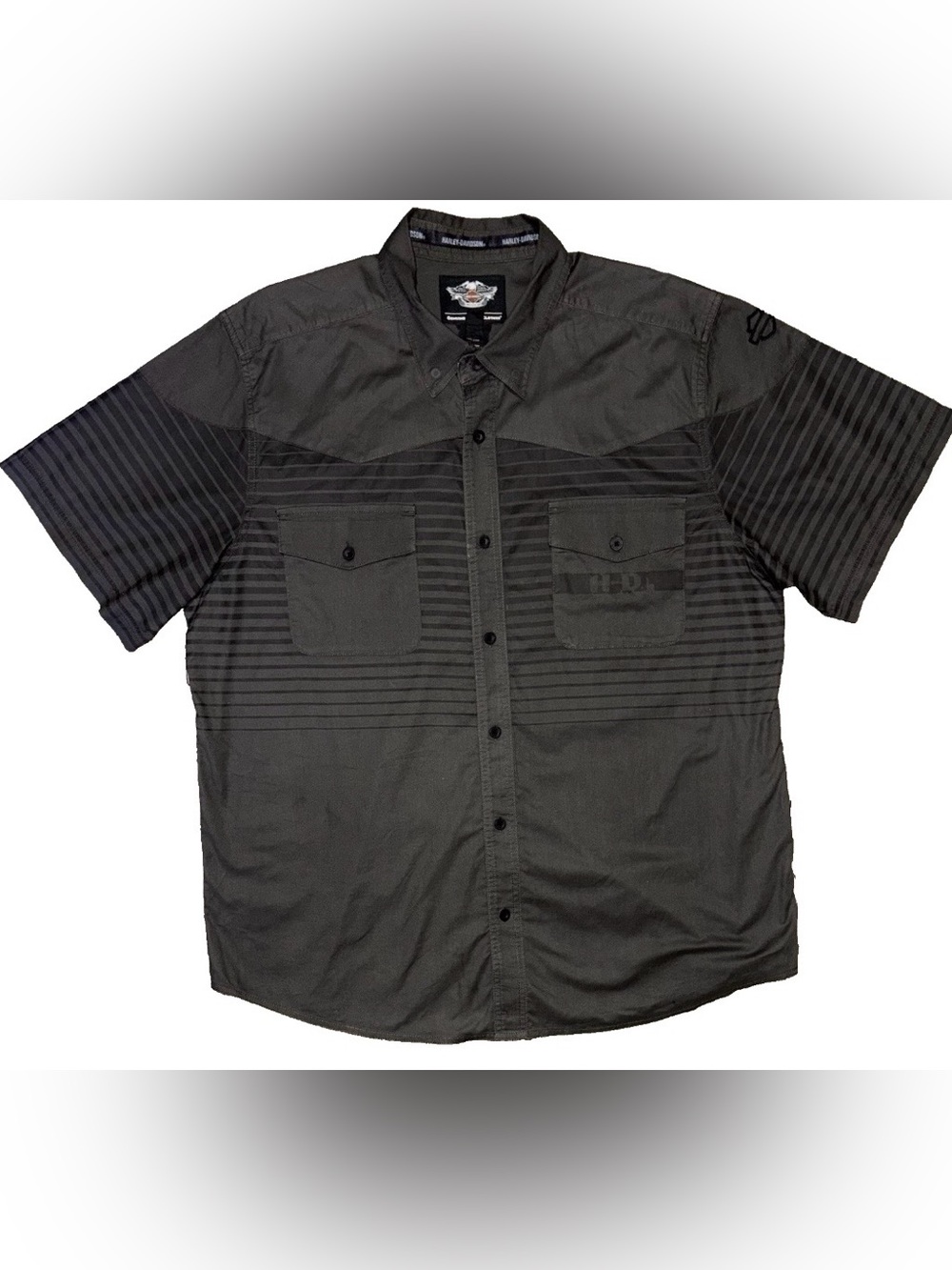 Mens Multi Stripe Harley Davidson Short Sleeve Button Down Shirt 2XL Olive Green